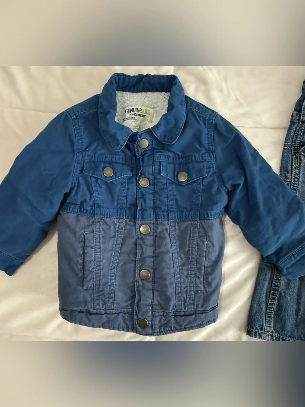 OshKosh B'gosh 12M-18M Bundle Denim Overalls Shortalls Sherpa Jacket Lot of 3